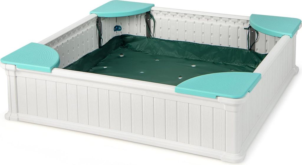 COSTWAY Kinder Sandkasten, Sandbox 123,5x123,5x31,5cm mit 4 integrierten Sitzen, Sandkiste HDPE quadratisch für Garten, Rasen (Weiß)