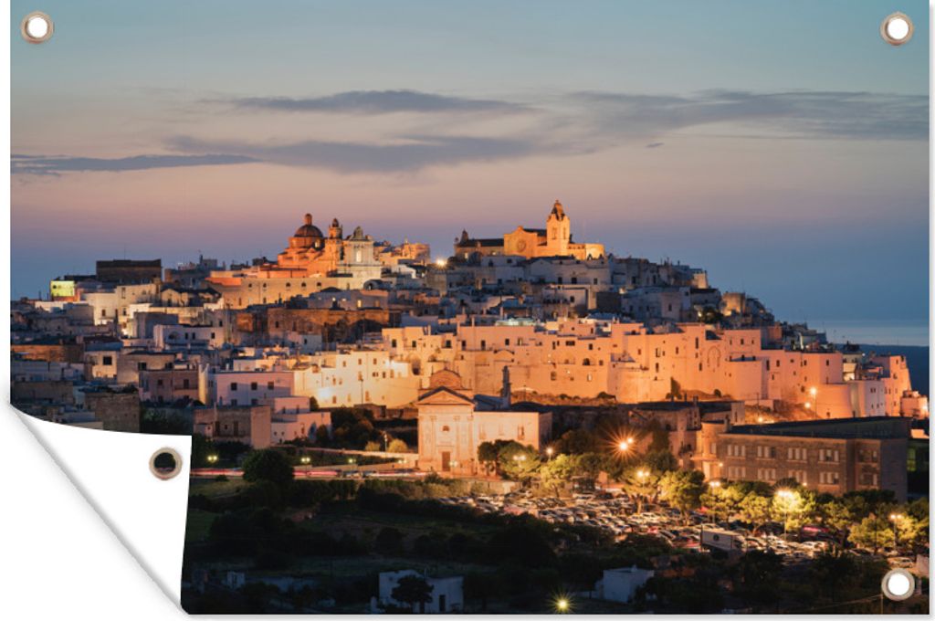 MuchoWow 120x80 cm Outdoor-Poster Gartendeko Sichtschutz Garten Poster für den Garten Sonnenuntergang in der Stadt Ostuni, Italien