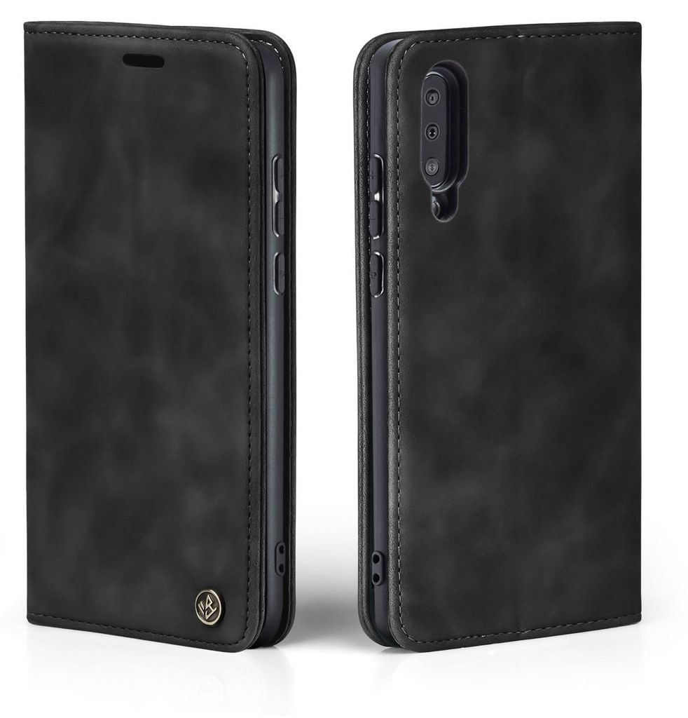 A black flip-style phone case for a Samsung Galaxy A50 is shown from two angles.