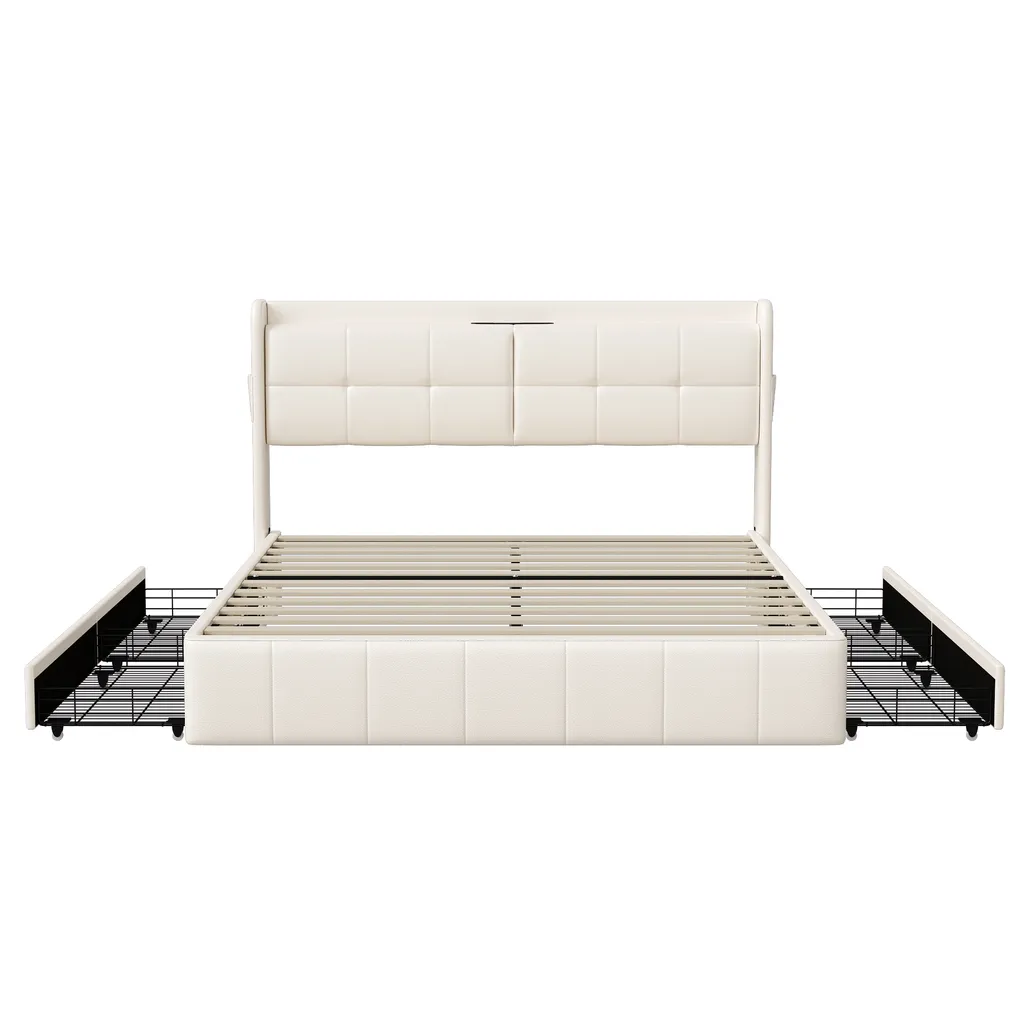 Grand lit 160x200cm pour adolescent avec tiroirs de rangement et USB