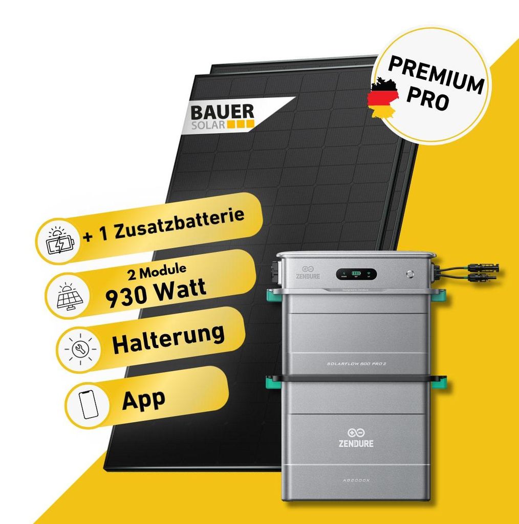 930 Watt, Bifazial Komplettset, Balkonkraftwerk, Zendure Solarflow 800 Pro 2,1 x AB2000L Zusatzbatterie, Germany 5m Anschlusskabel, Halterung Ziege...