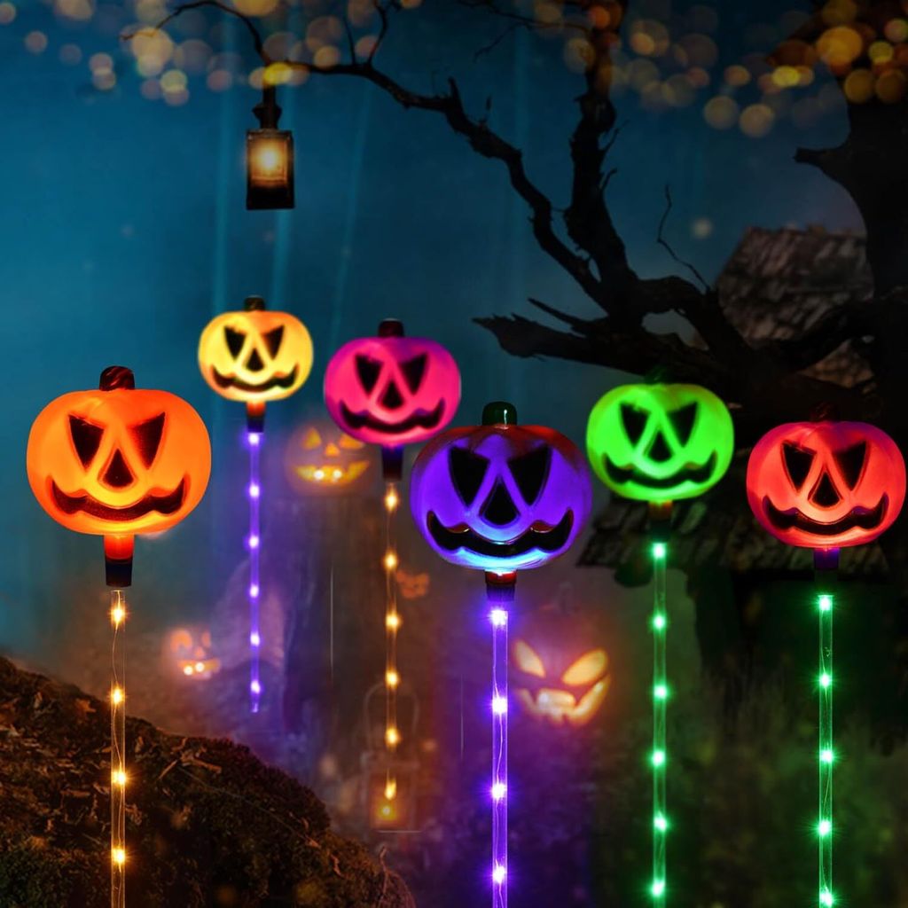 Set von 6 Kürbis Solarlampen für Halloween Outdoor, Garten Deko, Solar Pumpkin Pathway Lights Außen Wetterfest für Patio, Rasen, Zaun, Veranda,...