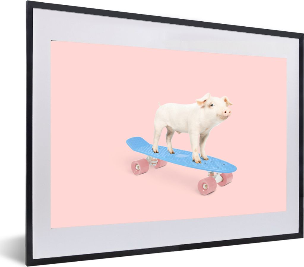 MuchoWow Gerahmtes Poster Schwein - Rosa - Skateboard - Blau - Tiere 60x40 cm - Poster mit Schwarzem Bilderrahmen Wandposter Rahmen Foto Bilder -...
