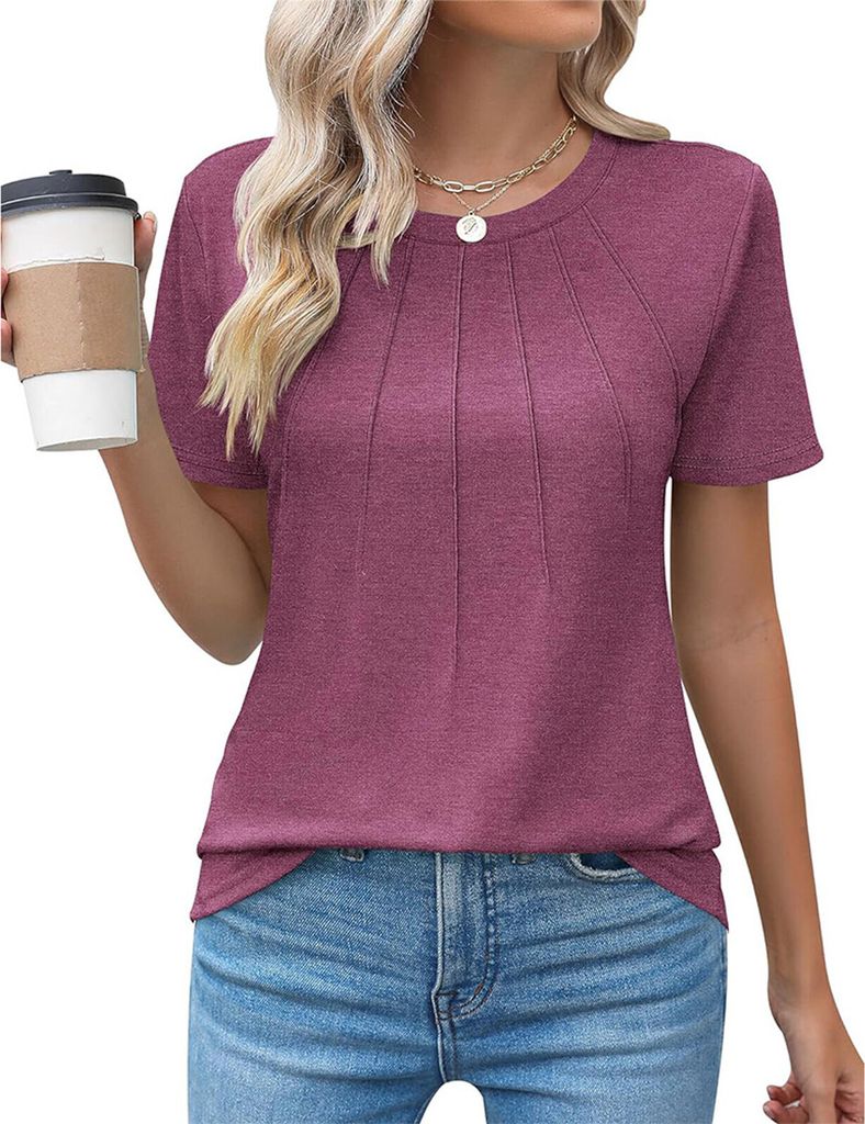 ASKSA Damen T-Shirt Sommer Kurzarm Rundhals Laessig Shirts Tops Tee Elegant Oberteile, Weinrot, Groesse: XXL