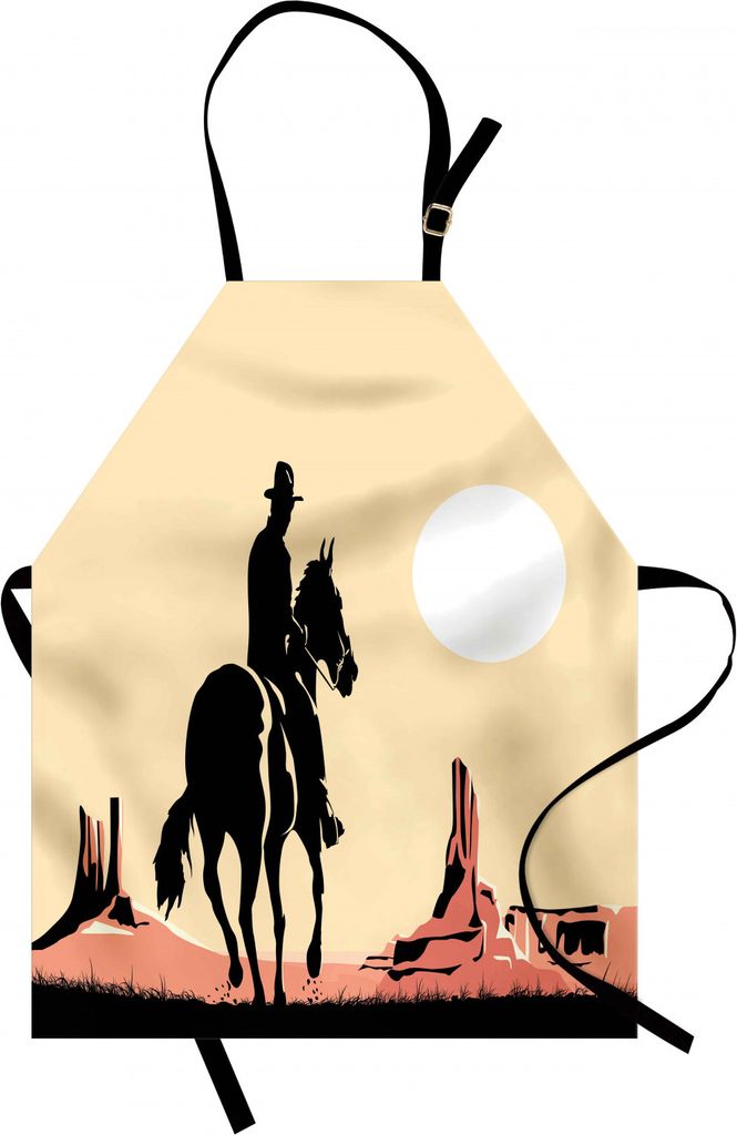 ABAKUHAUS Western Kochschürze, Bildkunst des Cowboy-Reitpferds in Richtung zum Sonnenuntergang im Wilden Westwüsten-Held, Höhenverstellbar Masch...