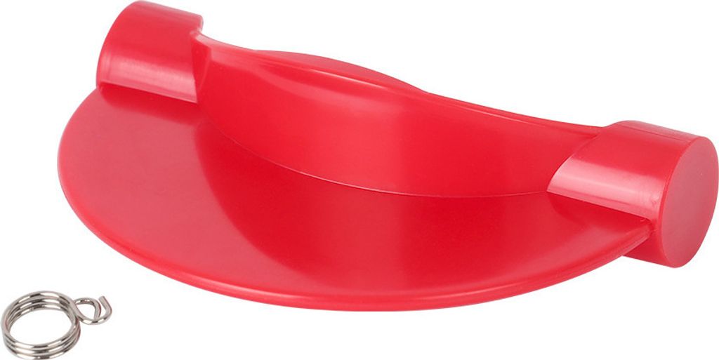 A red plastic part for a vacuum cleaner, likely a handle or release mechanism, is shown against a white background. A small metal spring clip is also visible in the lower-left corner.