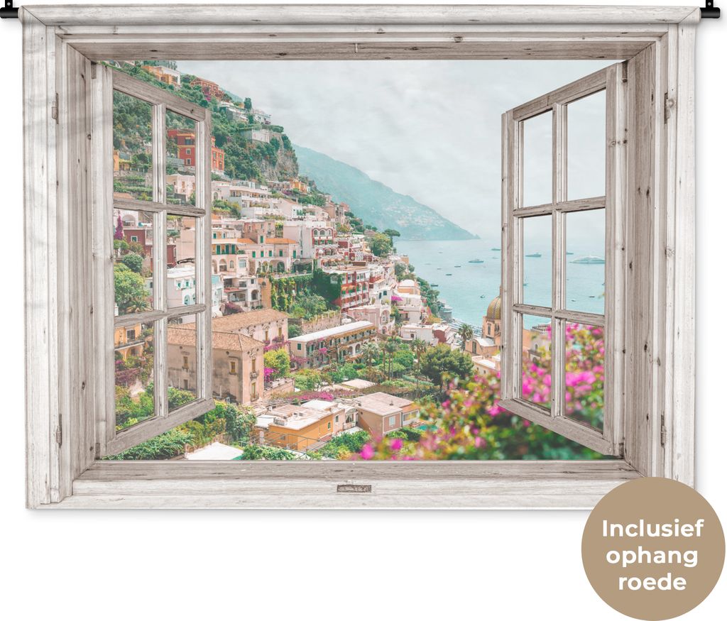 MuchoWow Wandteppich Wandbehang Ausblick - Italien - Blumen - Meer - Küste - Stadt - Berge 150x112 cm Tapisserie Dekoration Wandtuch - Wanddecke...