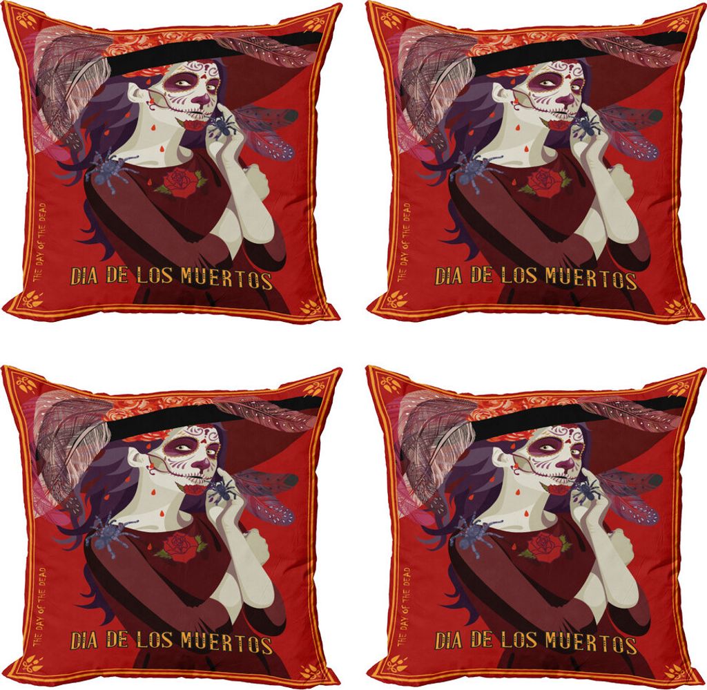 ABAKUHAUS Tag der Toten Kissenbezug Set (4 Stück), Leiche Mädchen, Moderner Doppelseitiger Digitaldruck, 60 cm x 60 cm, Maroon Ruby und Burgund