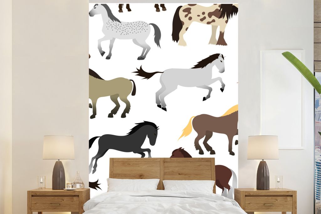 MuchoWow Fototapete für Wohnzimmer oder Schlafzimmer Wandtapete Vinyl Motivtapete Pferde - Weiß - Polka dots - Mädchen - Kinder - Mädchen - 1...