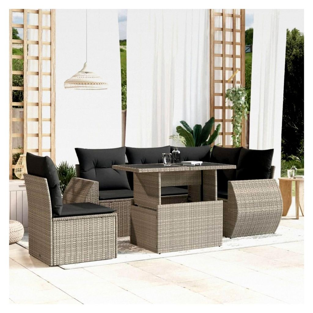 Rattan Gartenmöbel Set Gartenlounge Outdoor Balkon Lounge Gartensofa wetterfest Polyrattan Terrassenmöbel außen mit Kissen Hellgrau 6-teilig