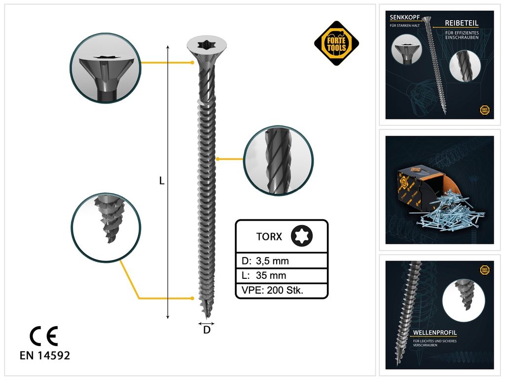 FORTE Tools Universal Holzschraube 3,5 x 35 mm T15 200 Stk. ( 000040113864 ) silber verzinkt Torx Senkkopf Vollgewinde