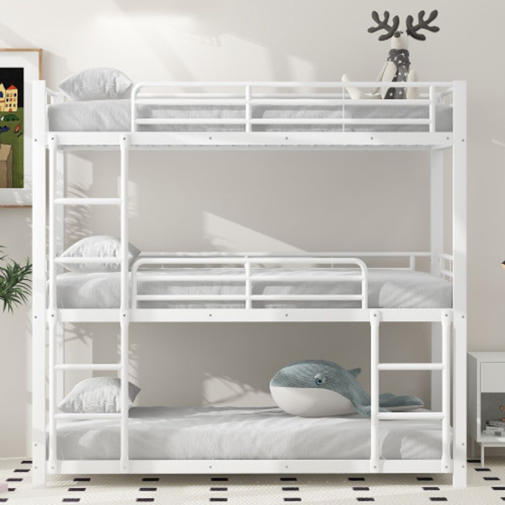 AIORBER Dreifach-Etagenbett, 90x200 cm, mit Leiter, obere Etage mit Geländer, bis 120kg, Stahlrahmen, Hochbett mit Lattenrost, für Jugend Kinder,...
