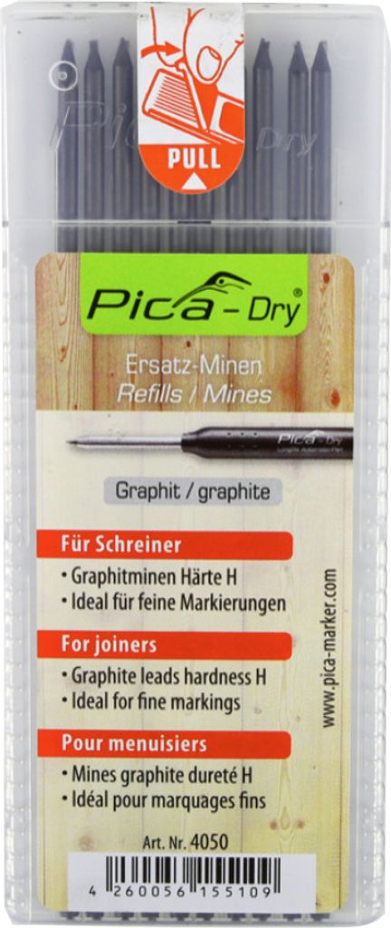 Mine Secche Falegnameria Pica PM 4050 2 FA - Set Mine Dry Per Marcatore Legno, Durezza H, 20 Pezzi Mine Grafite H Falegnameria