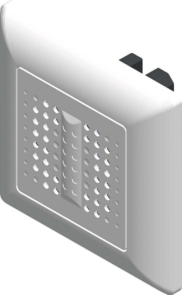 A 3D rendering of a white electrical component with a perforated front panel and a central toggle switch.