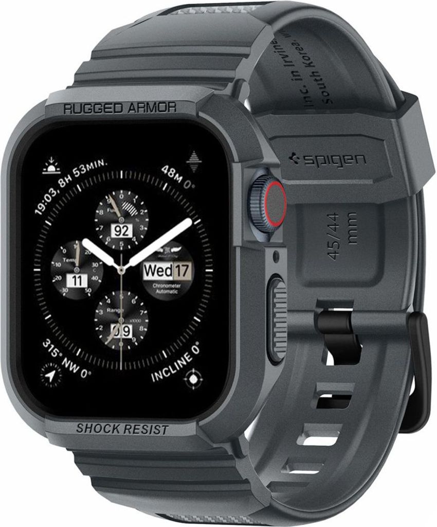 A close-up view of a rugged smartwatch case with a dark gray finish.