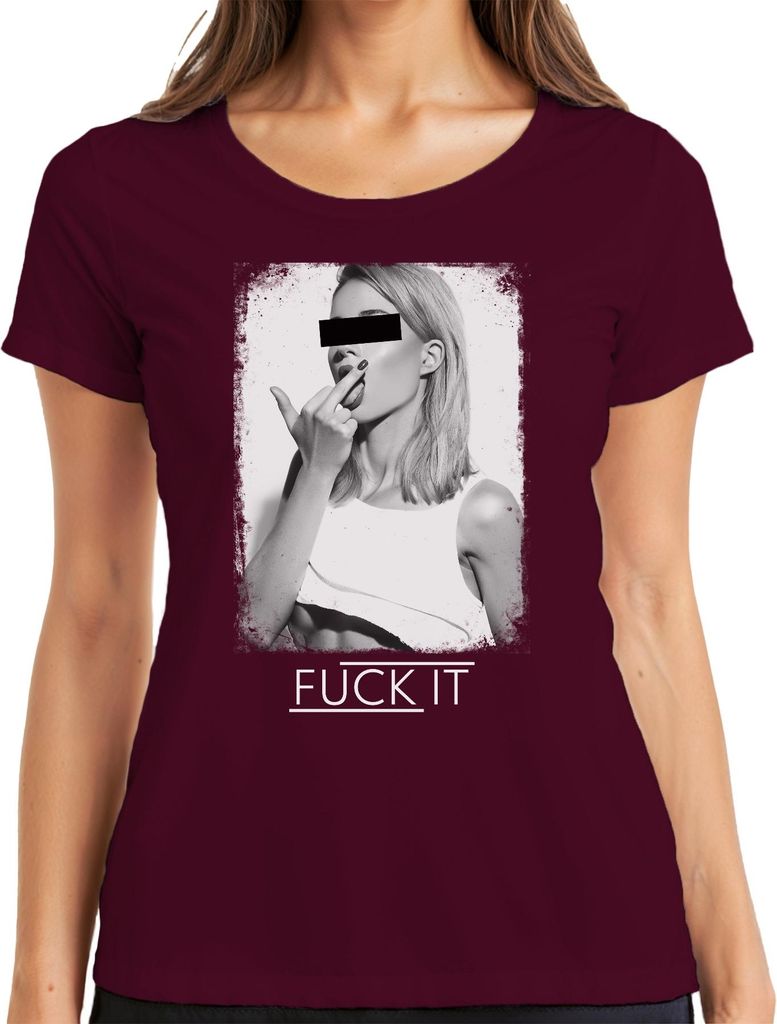 F*ck It Slogan Mittelfinger frech provokativ Statement Sarkasmus Damen T-Shirt, Burgundy, XXL