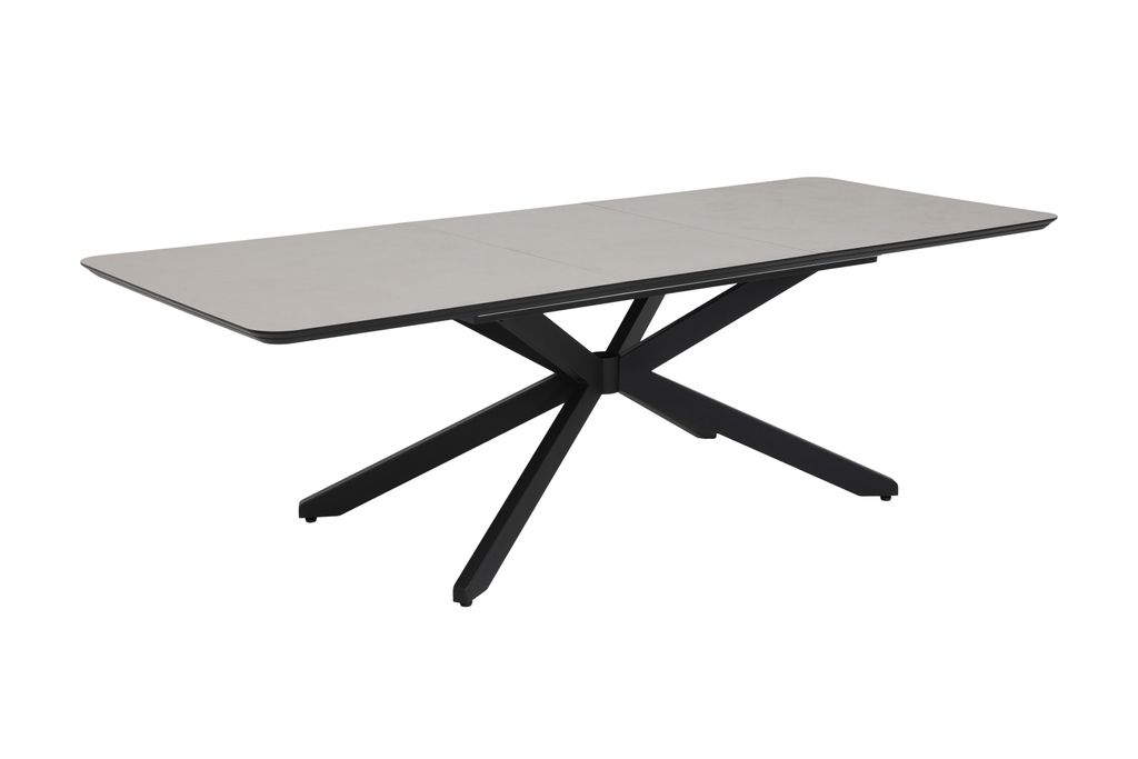 Hela Tische, Esstisch Kulissentisch Ancona, Nachbildung Cashmere Steinstruktur, Synchronauszug Butterfly, Metall-Sterngestell Schwarz, Schweizer Kante