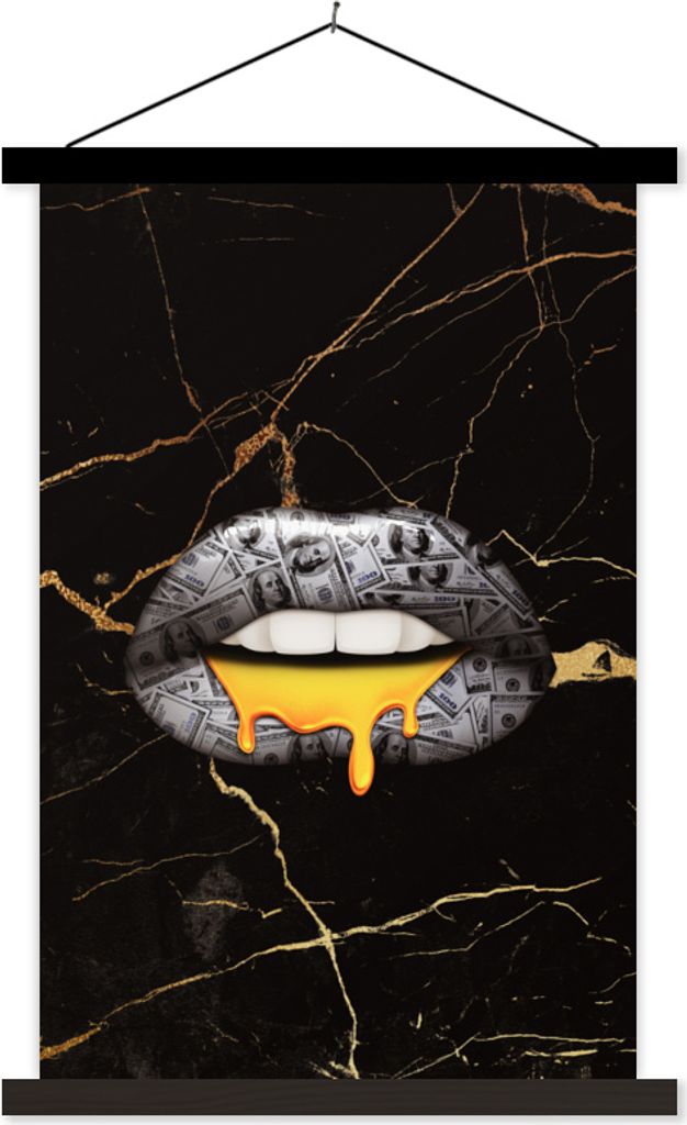 MuchoWow Textilposter Lippen - Geld - Abstrakt 60x90 cm mit schwarzem Rahmen - Poster Wohnzimmer