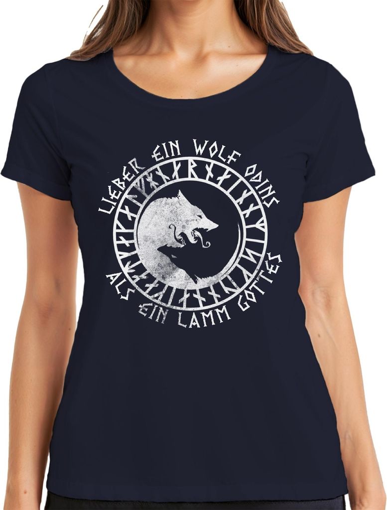Lieber Wolf Odins als Lamm Gottes nordisch Runen Symbol Gothic Damen T-Shirt, Navy, XXL