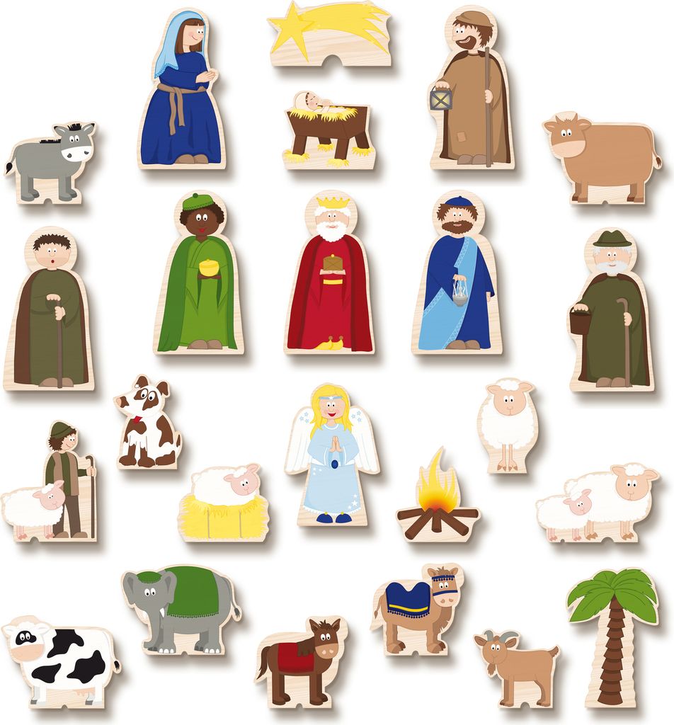 A collection of wooden nativity scene figures arranged on a white background.
