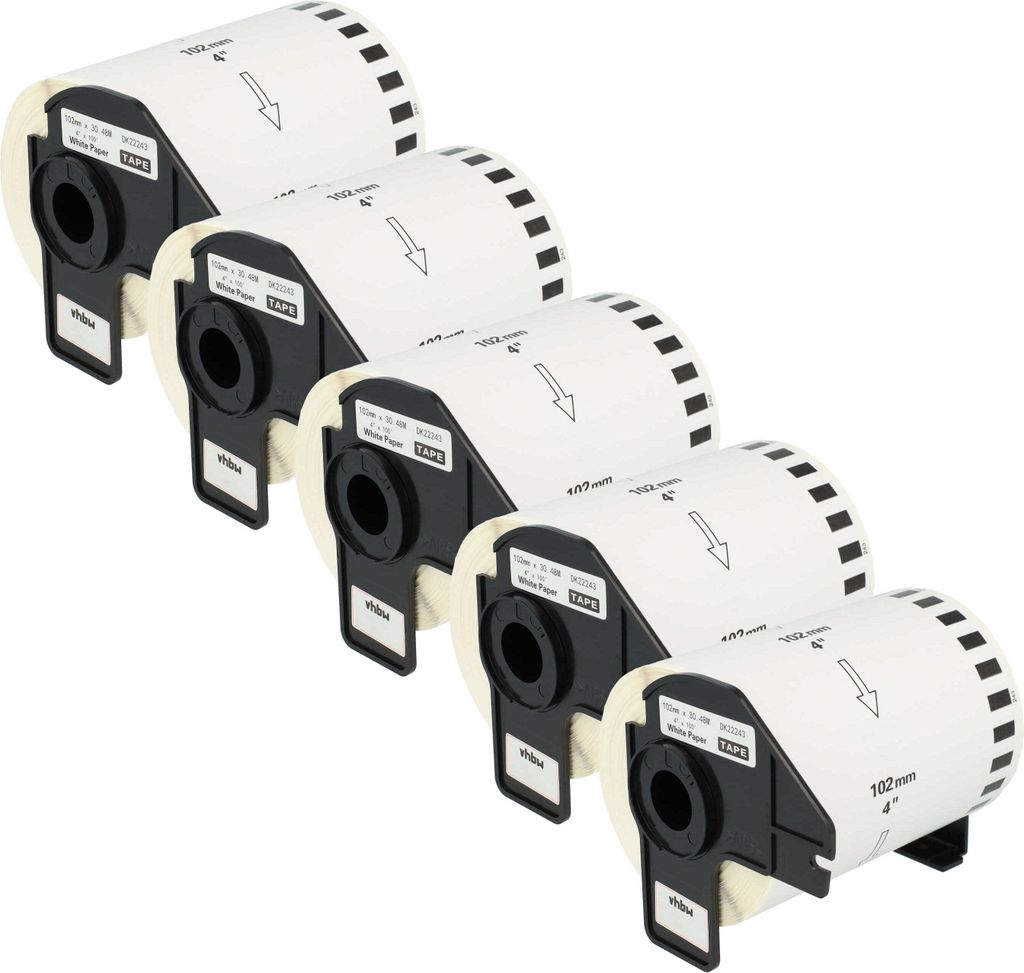 vhbw 5x Rolle mit Halter 102mm x 30,48m (1 Etikette) kompatibel mit Brother PT QL-710W, QL-720, QL-580N, QL-650, QL650TD, QL-700, QL-710 Drucker Weiß