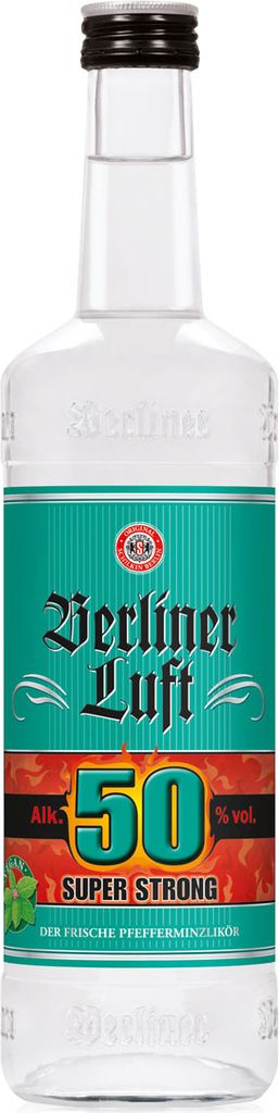 A clear studio shot of a bottle of Berliner Luft Super Strong.