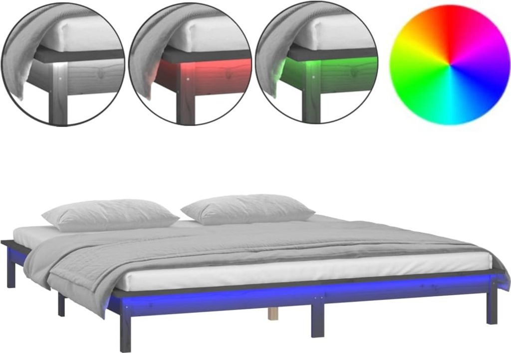 Massivholzbett mit LEDs Grau 140x190 cm