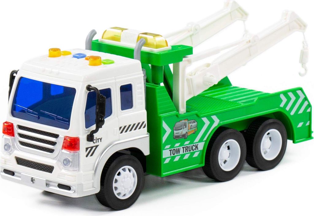 Abschleppwagen LKW Kinder Spielzeug CITY grün Schwungrad Fahrzeug m. Licht Sound