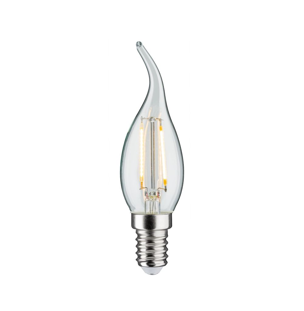 A single clear LED light bulb with a flame-shaped glass enclosure and a silver screw base, isolated on a white background.