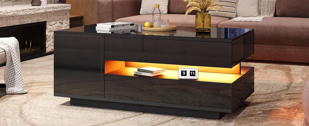 Table Basse Haute Brillance Relevable avec LED et Coffre de Rangement - 8