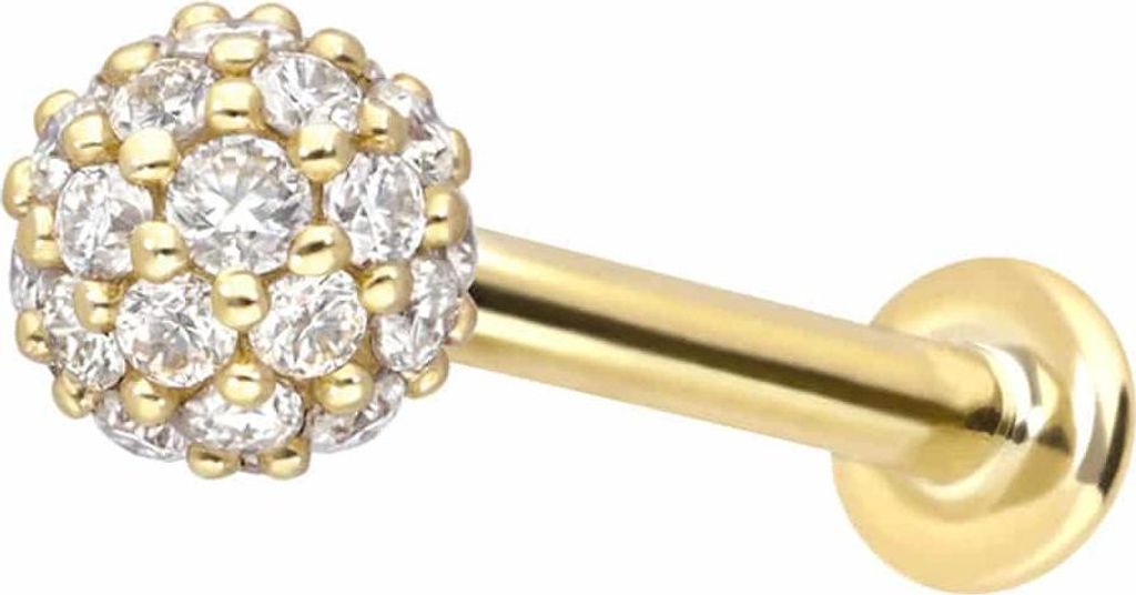 Ohrpiercing, Nasenpiercing 14 Karat Gold Labret mit Innengewinde MULTI-MOISSANIT Gold Stablänge: 8mm + Stabstärke: 1mm + Kugelgröße: 3mm