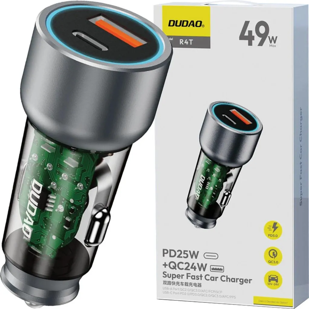 Dudao R4T 30W Caricabatterie Auto USB-C e USB-A Grigio - Carica Rapida