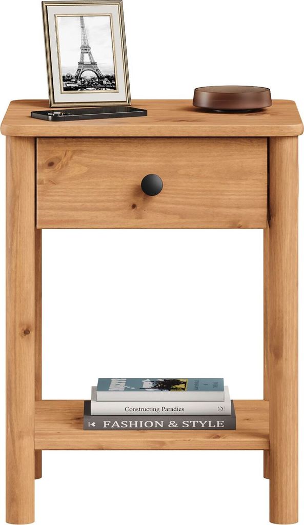 Nachttisch APOANA mit Schublade und Ablage Eiche farben - aus Kiefer Massivholz, Nachtschrank skandinavisch modern Landhausstil hell braun