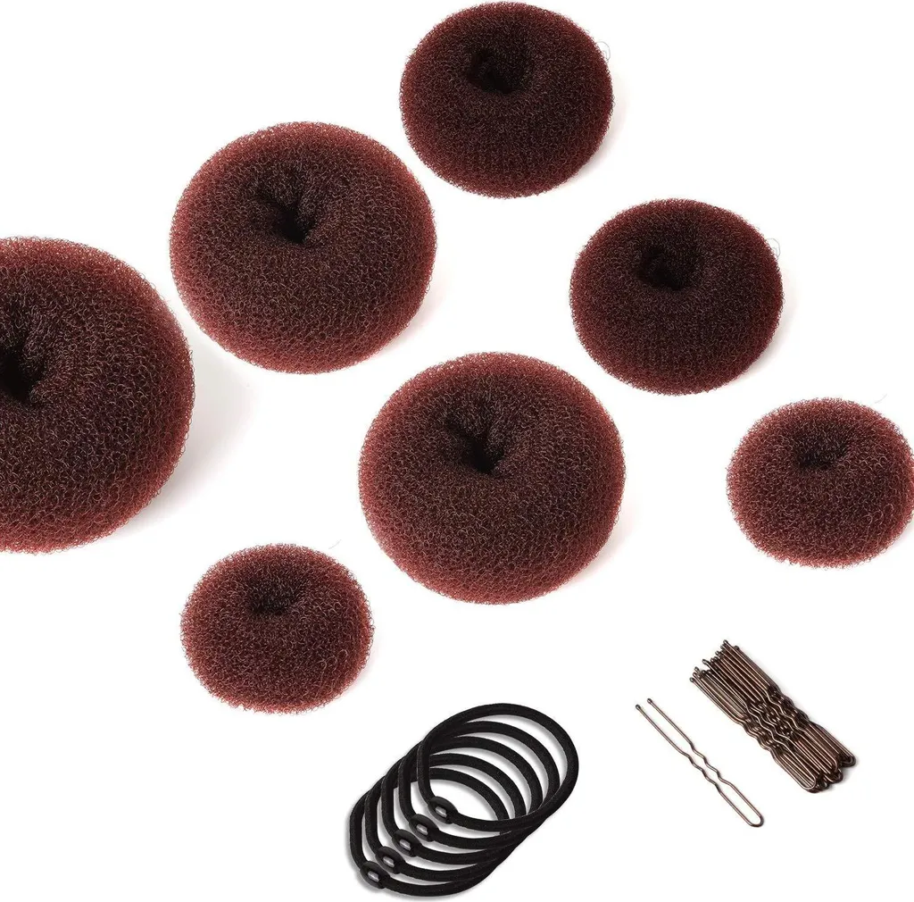 Donut chignon marron avec pinces et élastiques kit volumateur 7 pcs