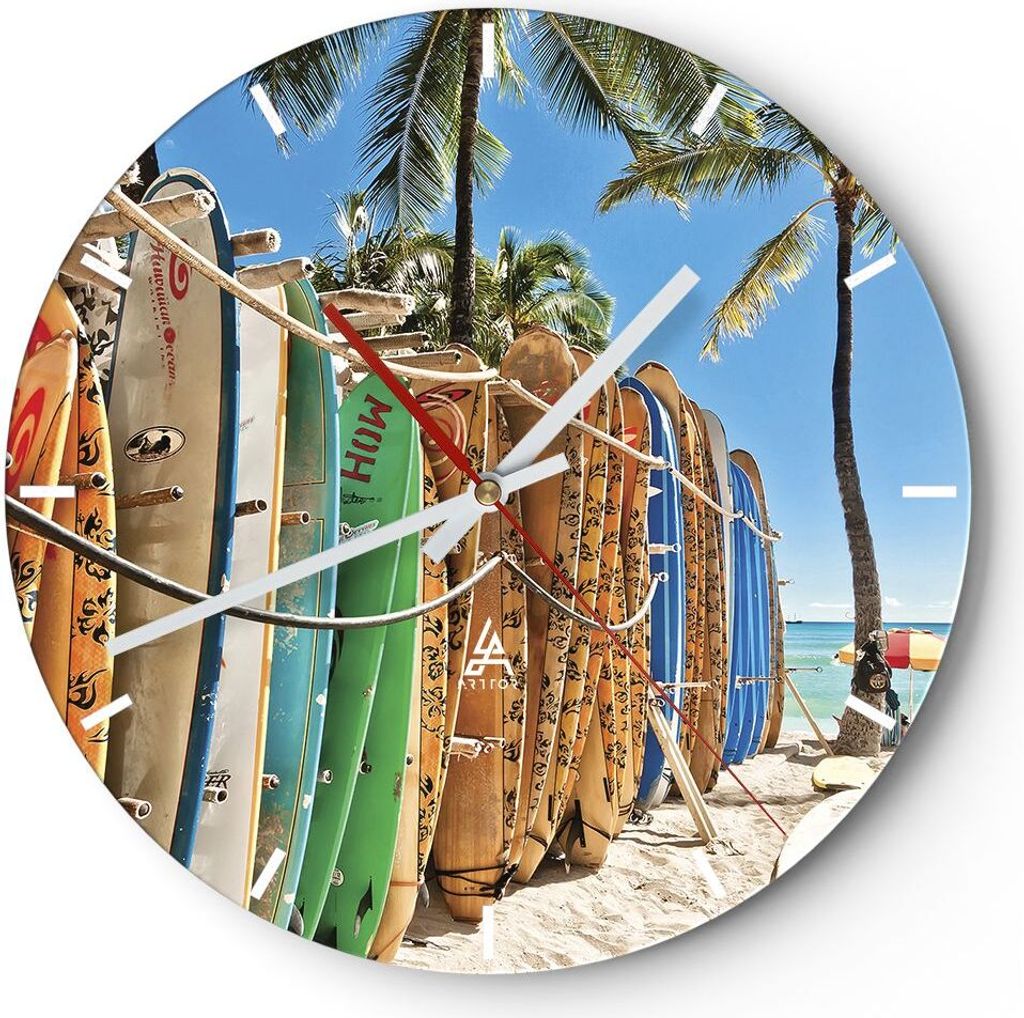 Wanduhr - Rund - Glasuhr - Board Surfen Strand - 30x30cm - Produktbild 
