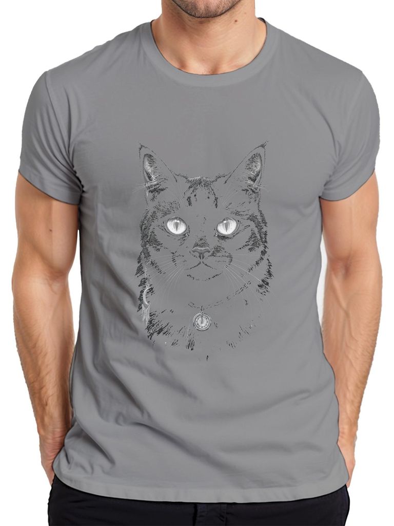 Katzenkopf Skizze Anhänger Kette Katzenliebhaber Vintage Herren T-Shirt, Grau, L