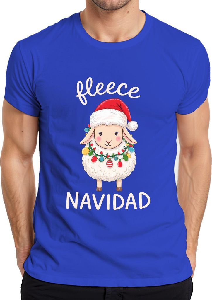 fleece NAVIDAD niedliches Schaf Weihnachten Lichterkette Santa Herren T-Shirt, Blau, M
