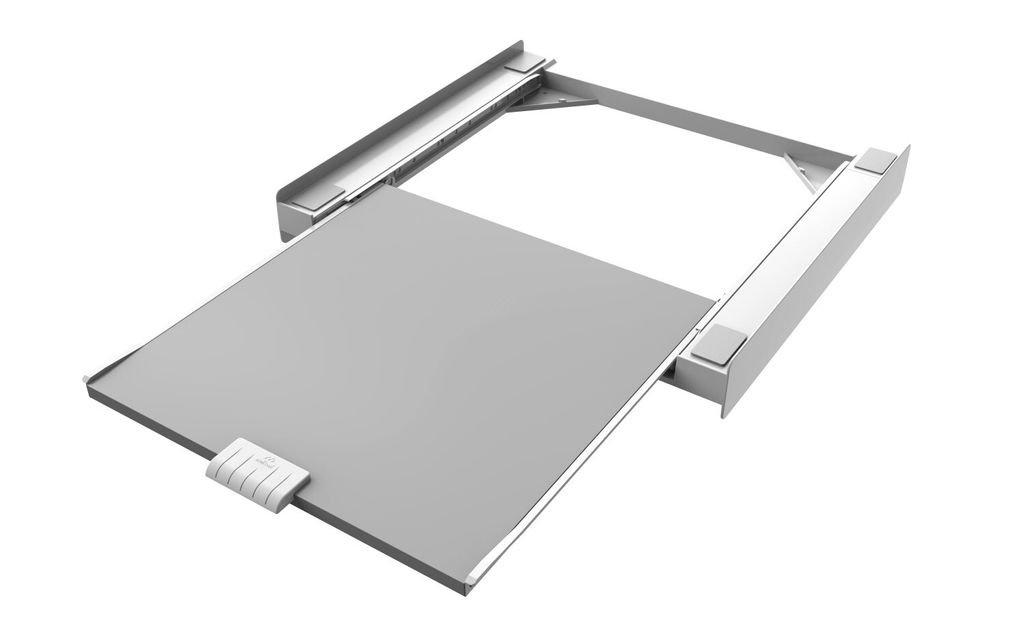 A product shot of a washing machine stacking kit with a pull-out shelf.