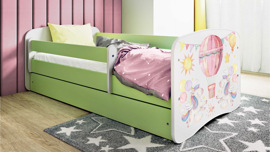 Kinderbett Jugendbett Ballon 70x140, 80x160, 80x180 cm - Komplettset mit Matratze, Schublade & Rausfallschutz