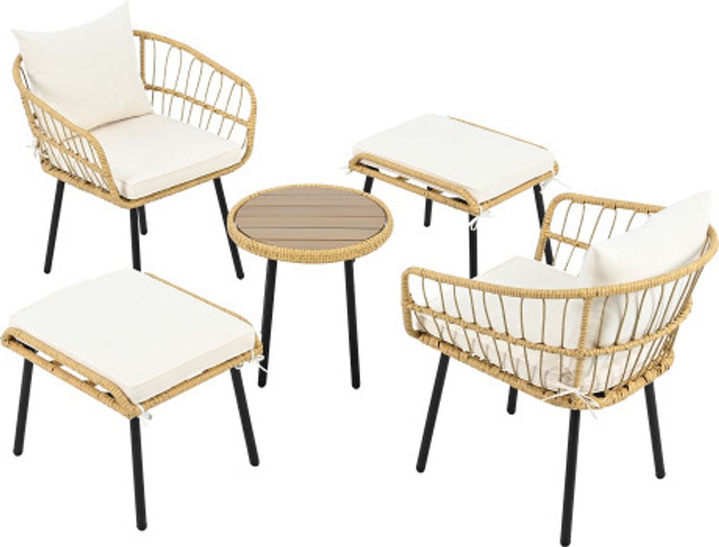 5-teiliges Garten-Lounge-Set 46x46x46.5/48.5 cm Naturbelassen bestehend aus 1 Esstisch 2 Stuehlen 2 Hockern Moebeln Rattan