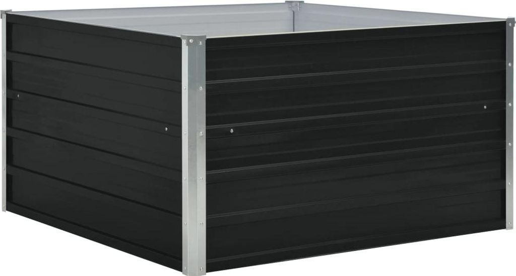 A black raised garden bed with silver trim, shown from a slightly elevated angle against a white background.