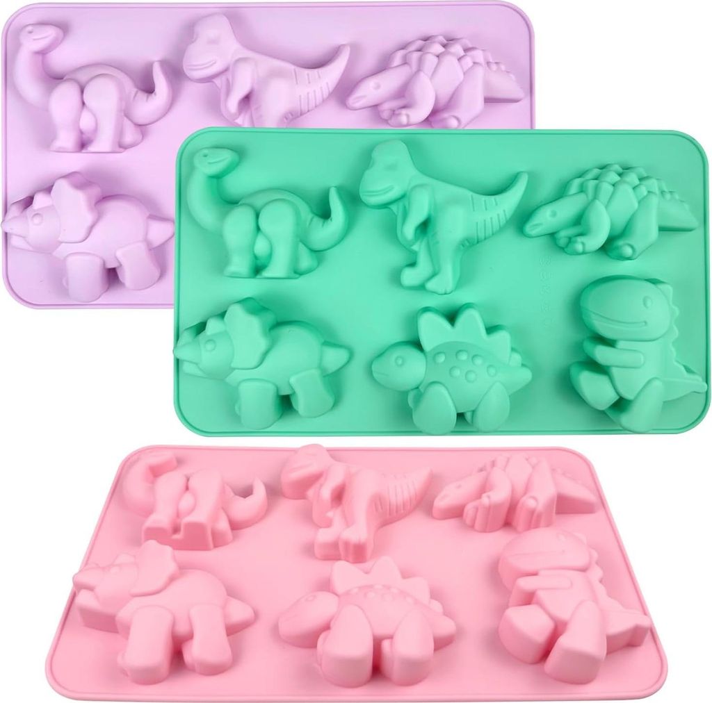 Siliconen Dino Backform 3 Stück für Schokolade Süßigkeiten Eiswürfel - Pralinenform mit 6 Fächern