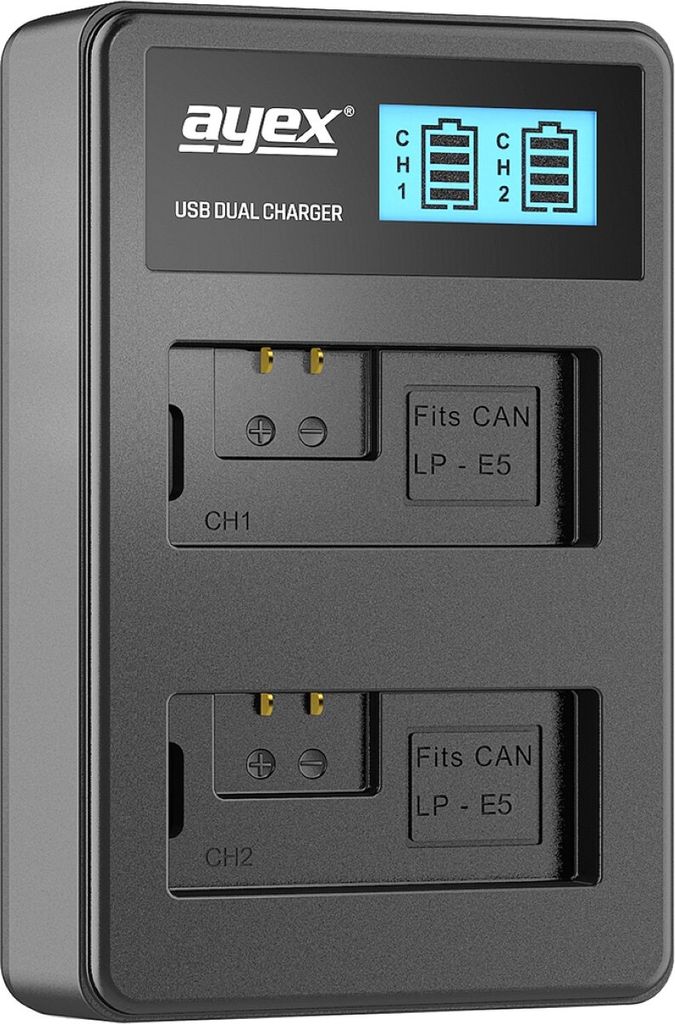 USB Dual Ladegerät für Canon LP-E5 Akkus beleuchtetes Display Ladestandanzeige