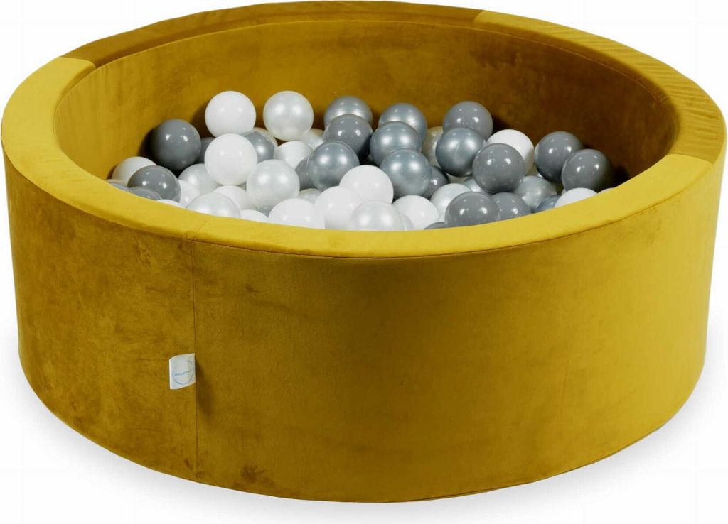 Bällebad 90x30 Samt Gold – Mit 200 Bällen / weiß, silber, perle, grau