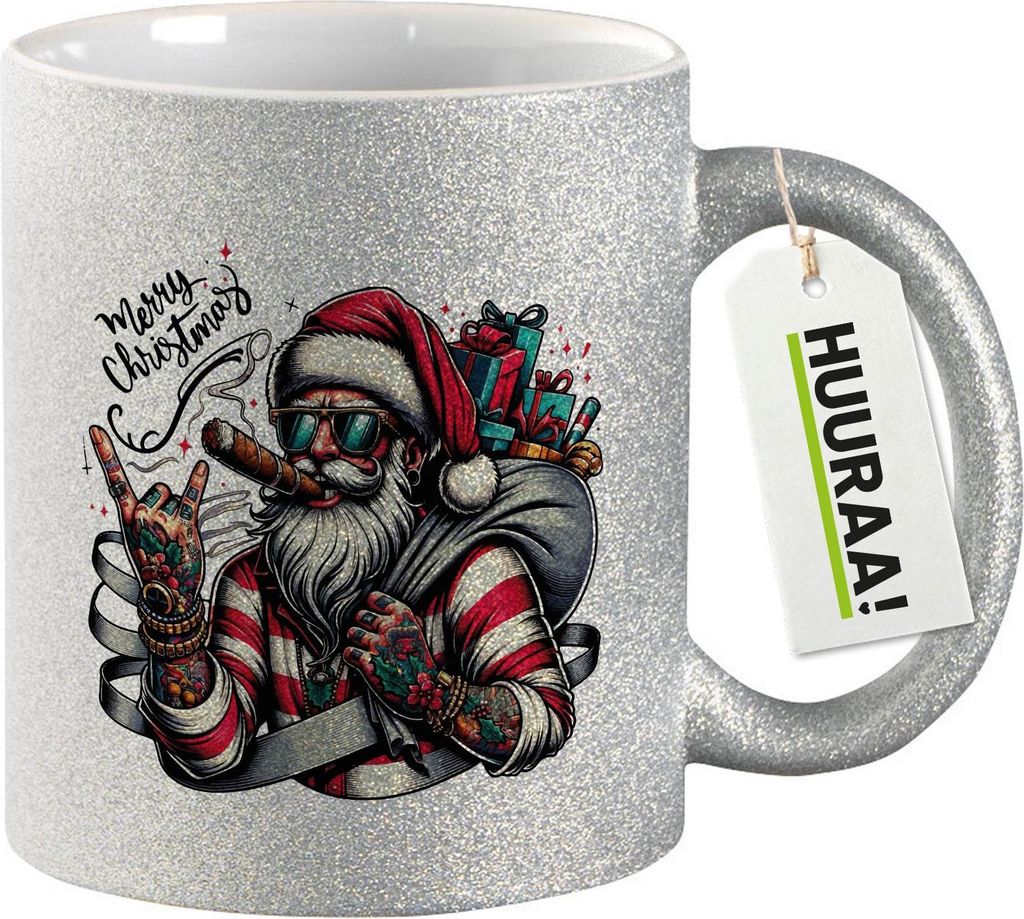 Huuraa Glitzertasse Cooler Weihnachtsmann Merry Christmas 330ml Silber Keramik Kaffeebecher Geschenkidee
