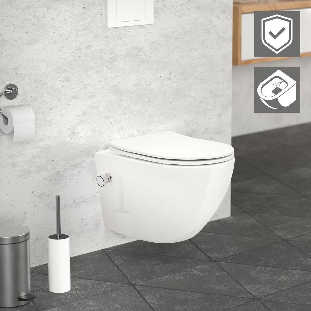 LuxeBath Spülrandloses Hänge-WC mit Nano Beschichtung, Weiß, kurz, Bidet Funktion