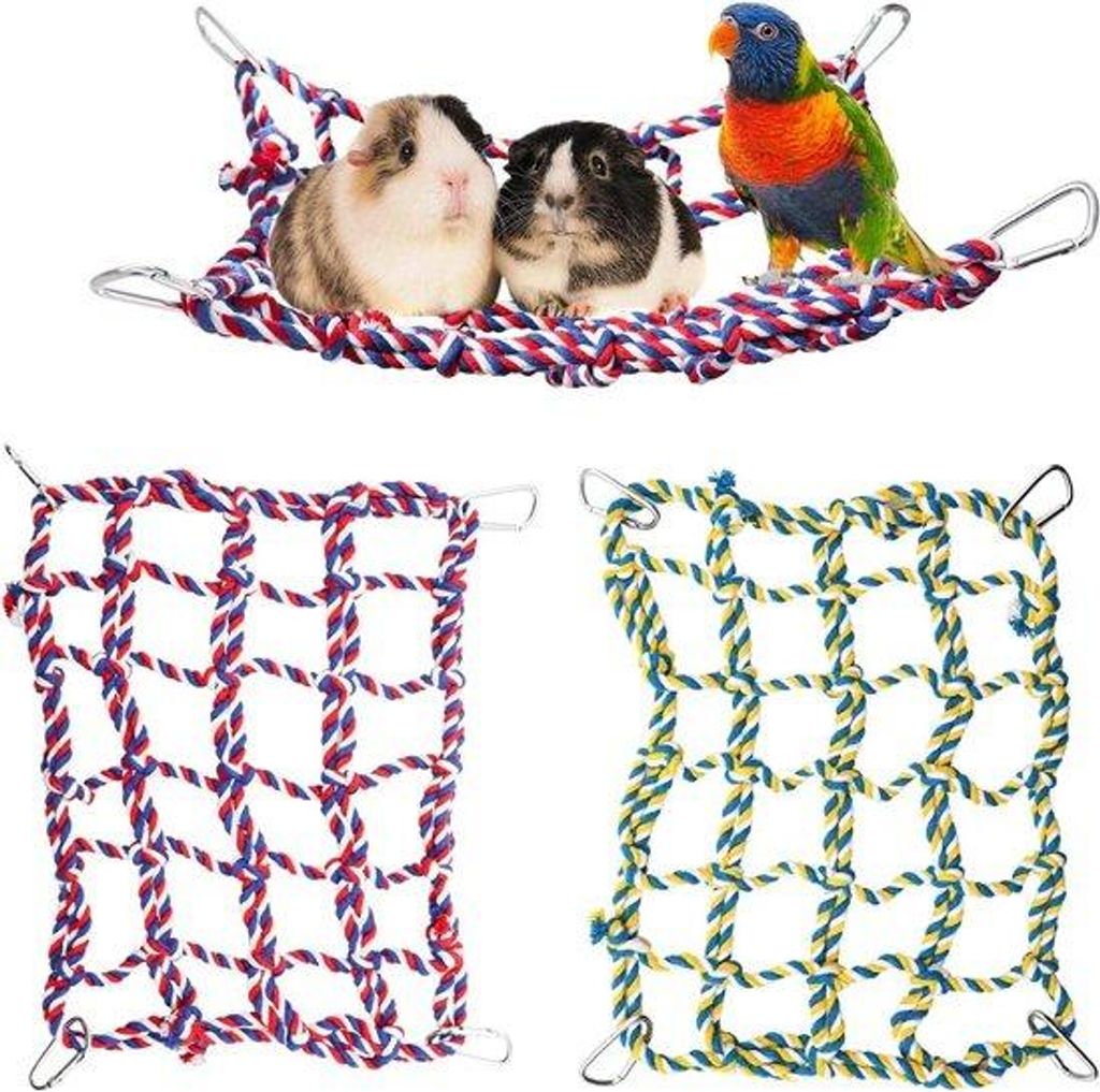 Vogeltouwnet aus Kunststoff, farbig, für Rat, Hamster und Vogelfreund, 28 × 20 cm, Set mit 2 Teilen und Hangmat