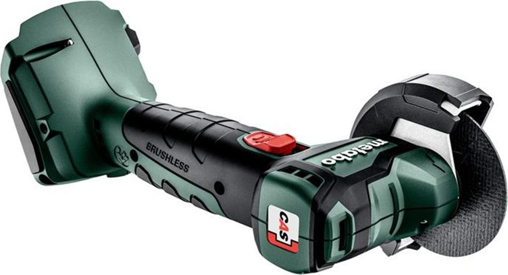 A cordless angle grinder is shown against a white background.