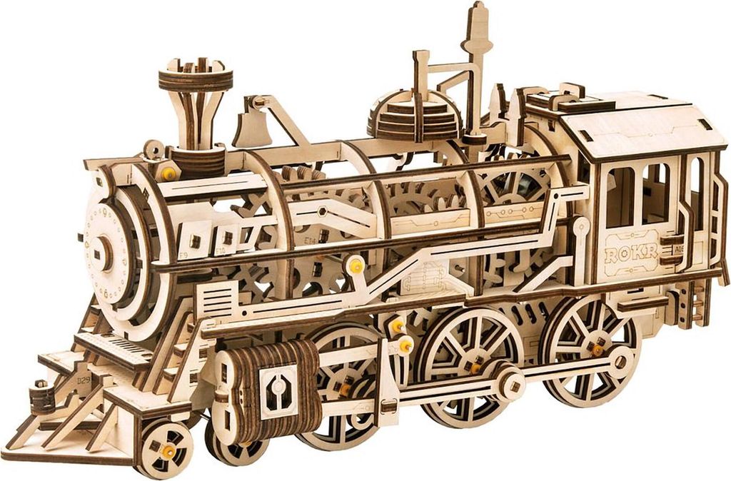 A 3D wooden model of a mechanical steam locomotive.
