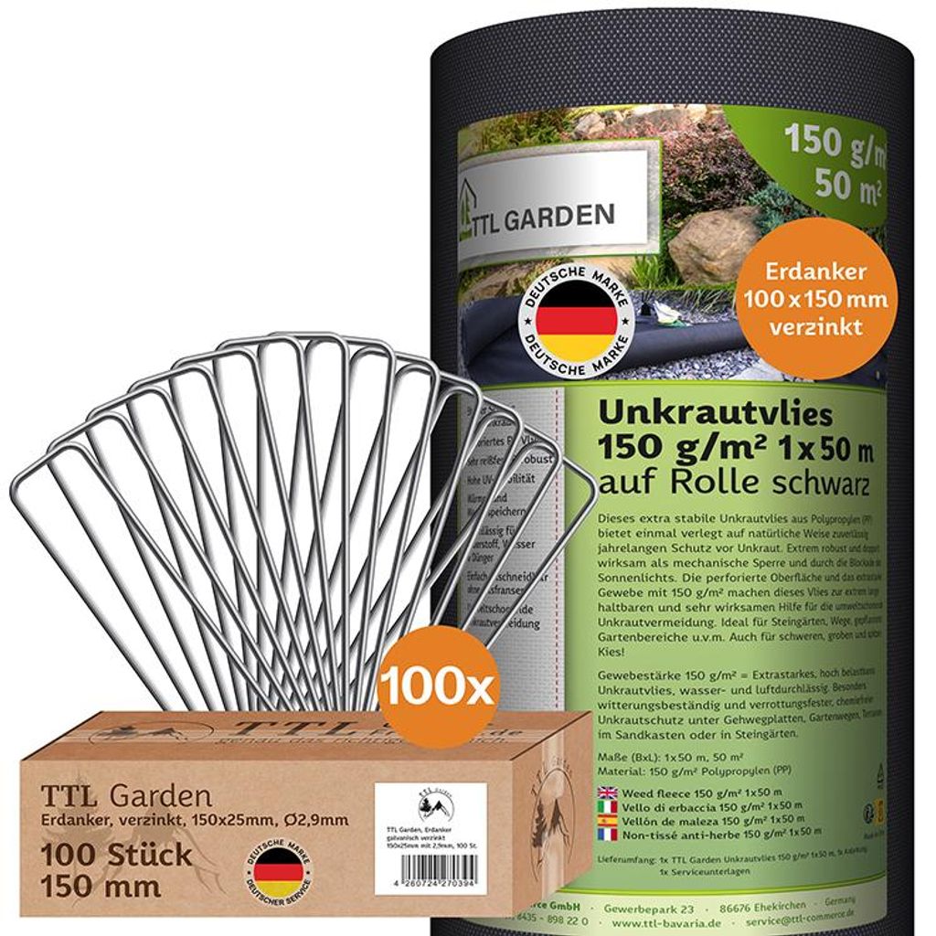 TTL GARDEN Unkrautvlies Set 50m² 1x50m 150g/m² + 100 Produktbild 